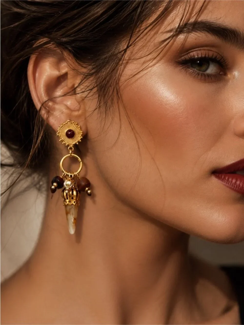 Vintage Gold Drop Earrings with Brown and Cream Accents